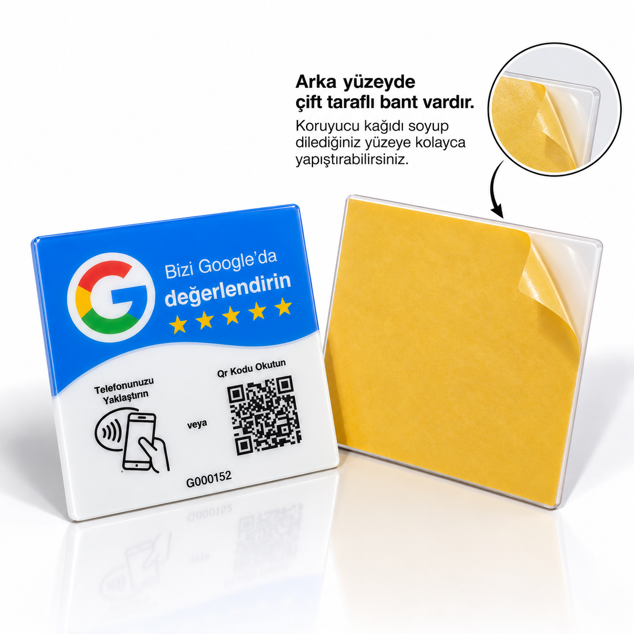 ODYQO Google değerlendirme kartının çift taraflı bantlı arka yüzü