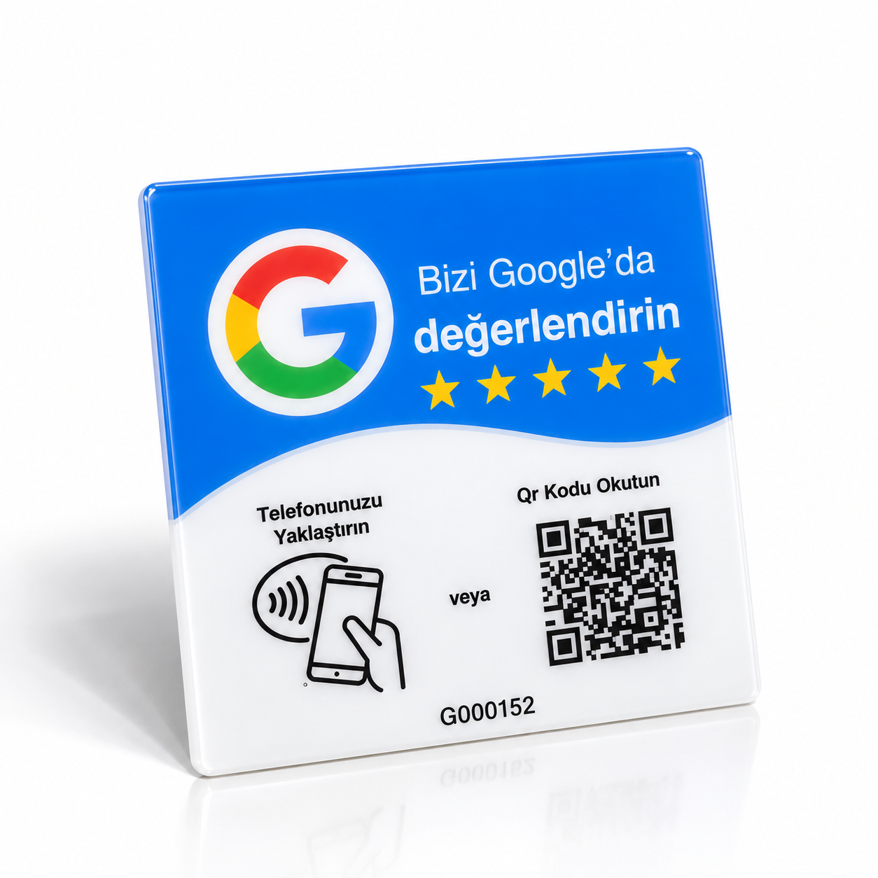 ODYQO Google değerlendirme NFC ve QR pleksi kartı, ön yüzü