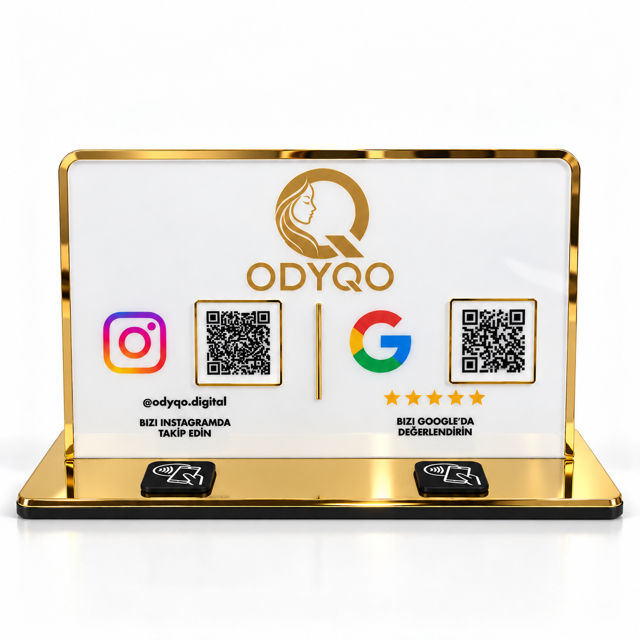 Gold çerçeveli uzun ODYQO NFC standı
