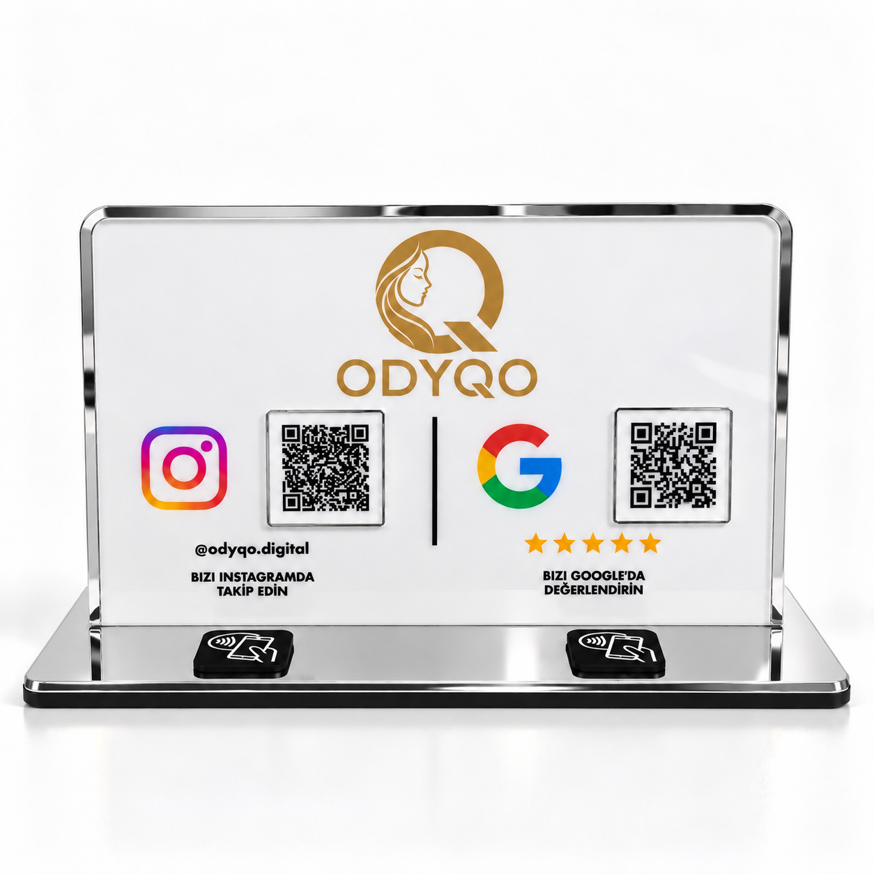 Gümüş çerçeveli uzun ODYQO NFC standı
