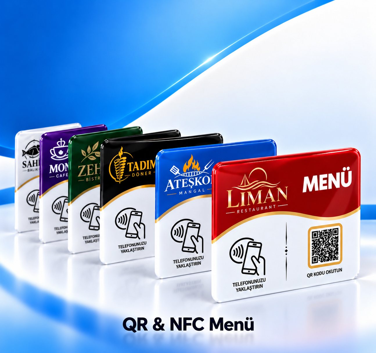 Farklı renklerde ODYQO NFC menü standları