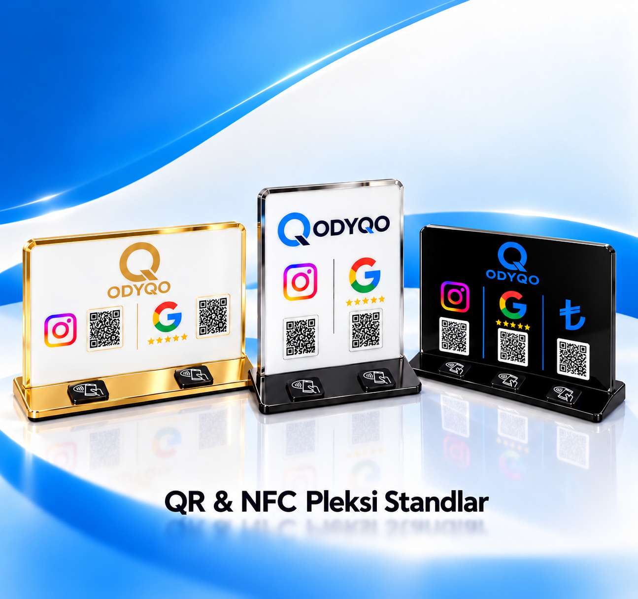 Gold, gümüş ve siyah ODYQO NFC pleksi standları