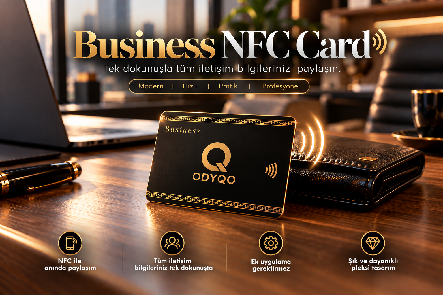 Çalışma masasında duran siyah ve gold ODYQO NFC business card