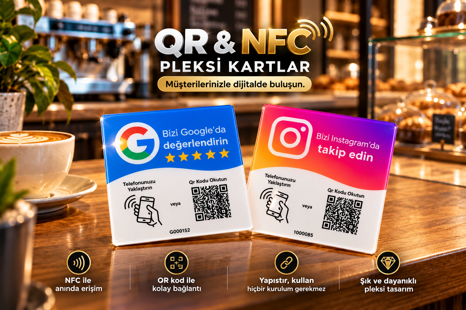 Kafe tezgâhında duran ODYQO Google ve Instagram NFC pleksi kartları