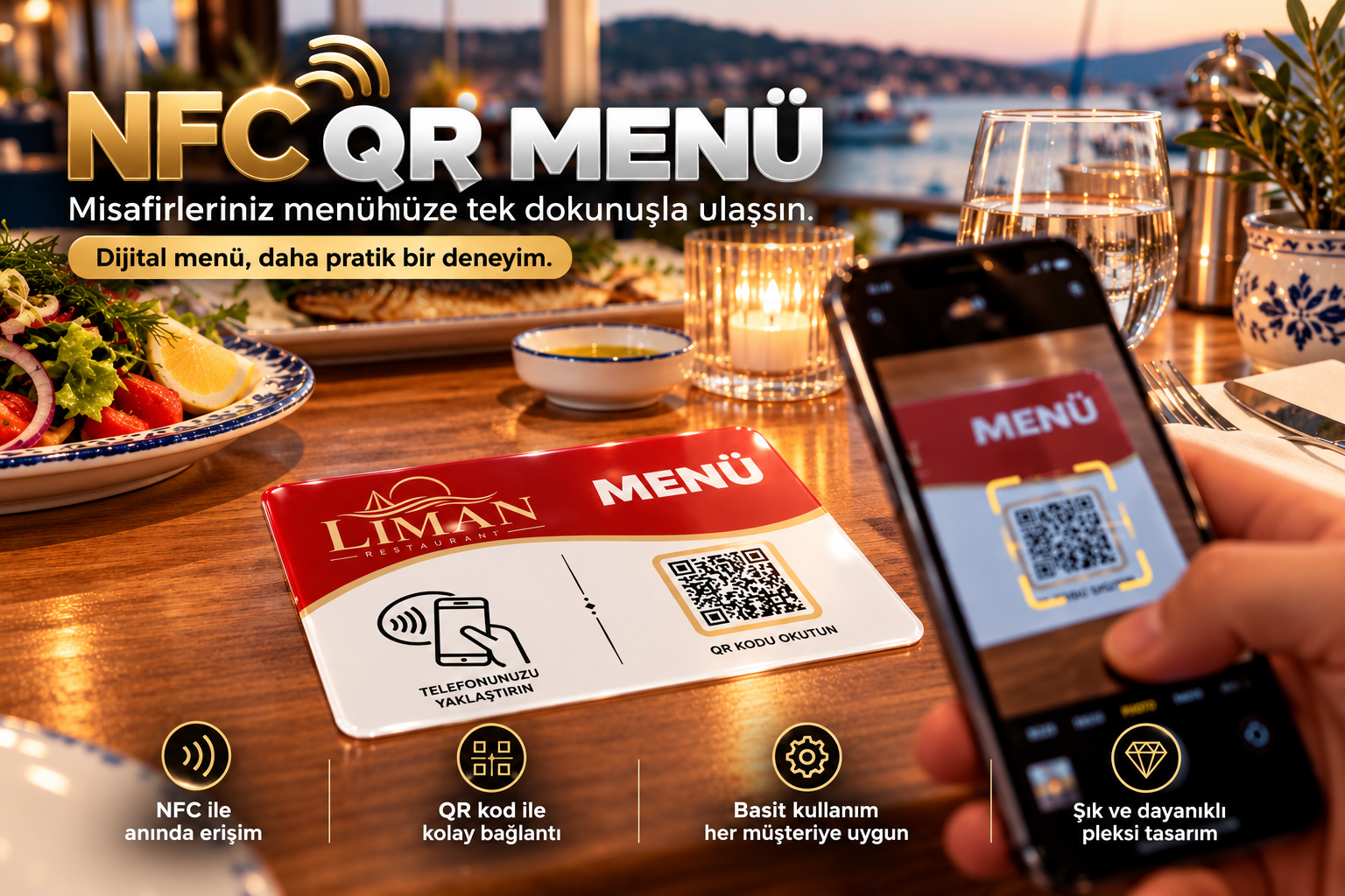 Restoran masasında ODYQO NFC menü standı ve telefonla okutulan QR kod