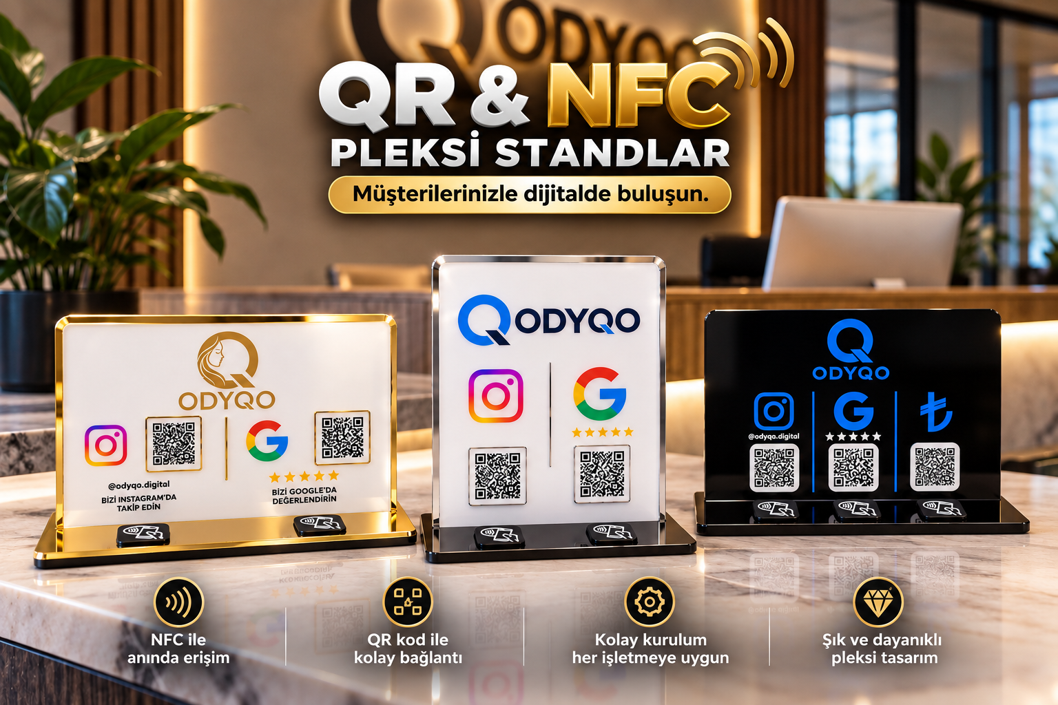 Gold, beyaz ve siyah ODYQO NFC pleksi standları